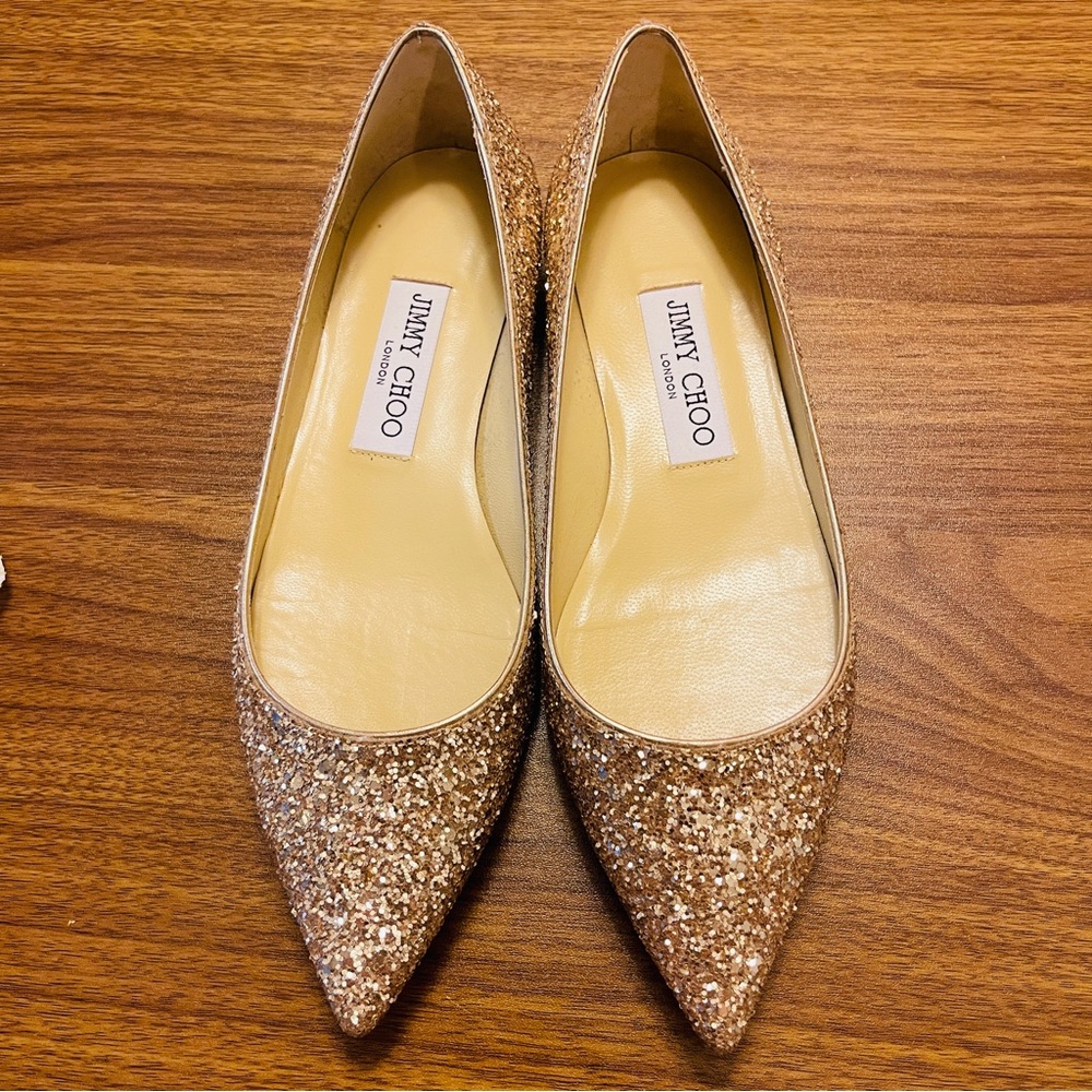 LIKE NEW! Jimmy Choo Love Glitter Flat Champagne Size 36